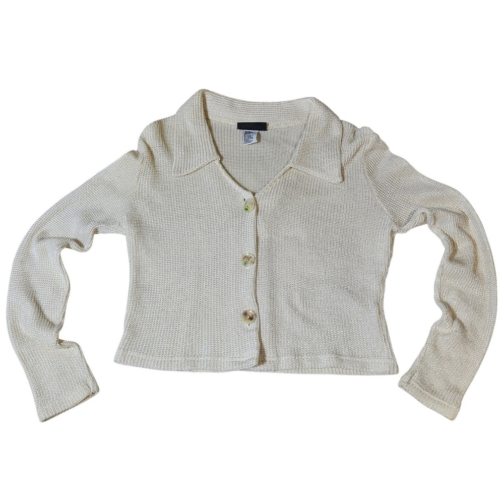 Expressions Cream Knit Collared Button Up Cardigan Large 90s Minimalist Coastal